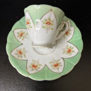 UCAGCO Vtg Orange Floral Green Gold Accents Cup‎ and Saucer China Occupied Japan
